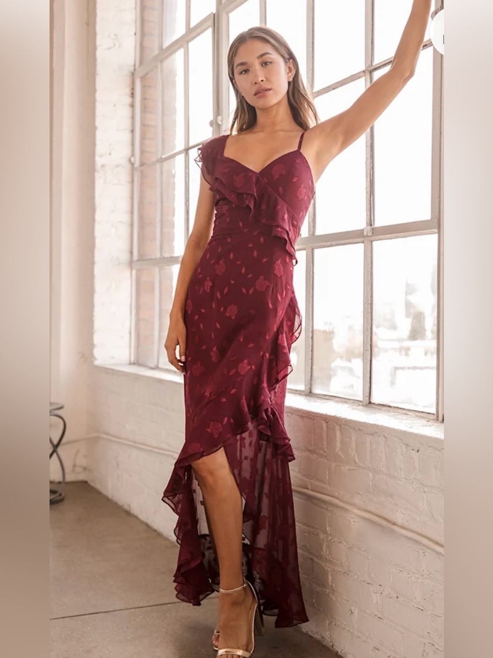 Lulu’s Maxi Dress Forever Be Burgundy Floral Ruffle Jacquard Sz M Romantic Fairy